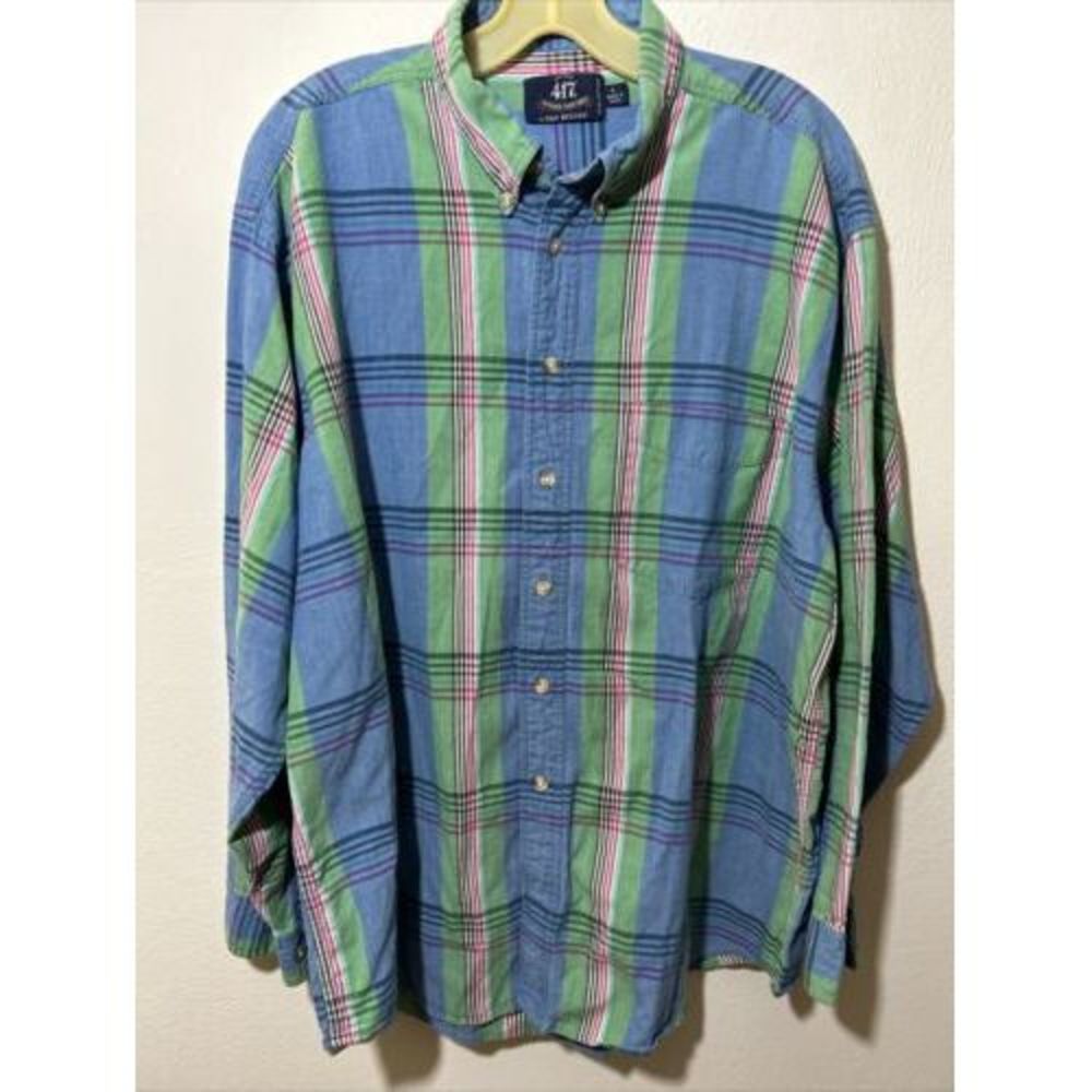 417 by Van Heusen Men's Gree/blue multicolored Plaid Shirt Size L cotton